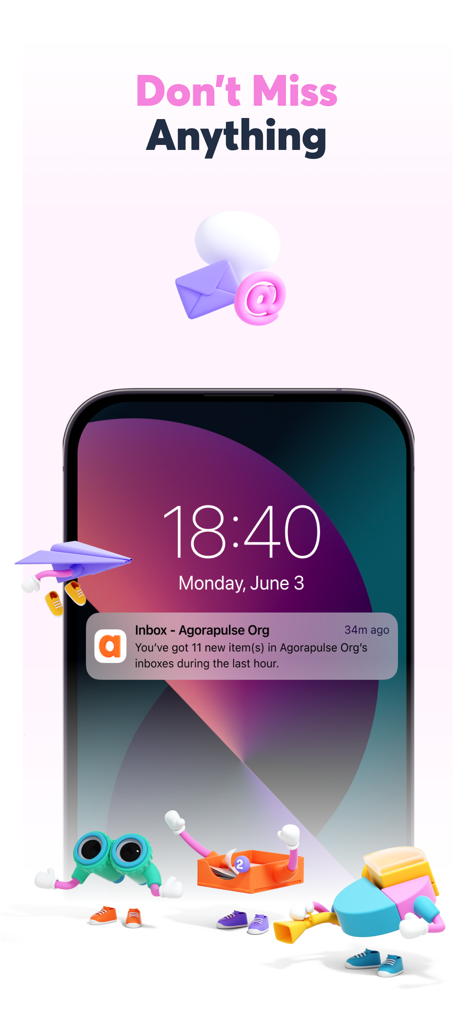 Agorapulse Companion App - スマートフォンのロック画面に、デジタルマーケティングプロフェッショナル向けのAgorapulse受信トレイ通知が表示されている様子