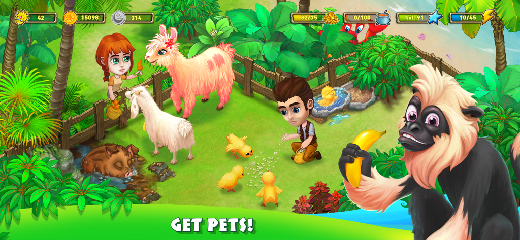 Personajes alimentando y cuidando animales en una granja tropical en Bobatu Island Survival Quest