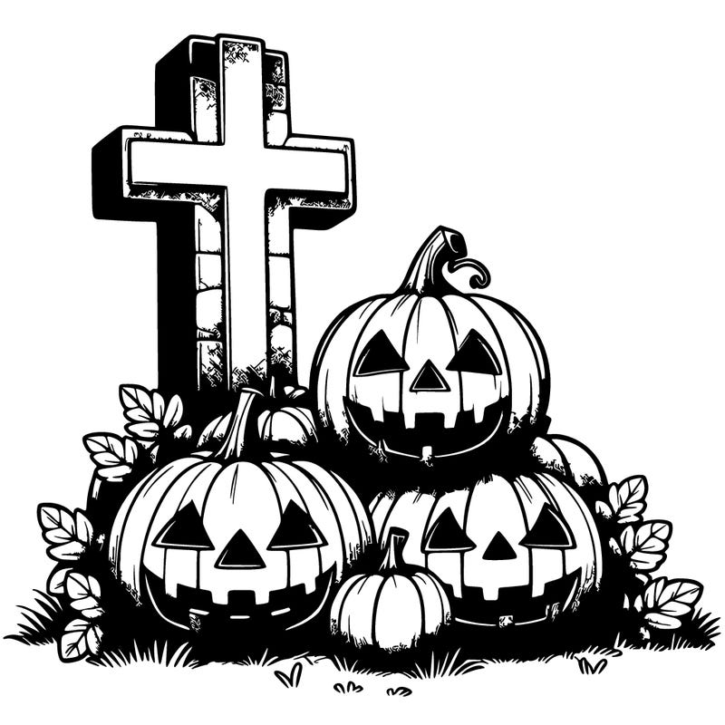 realistic jack-o-lanterns stacked beside a tombstone