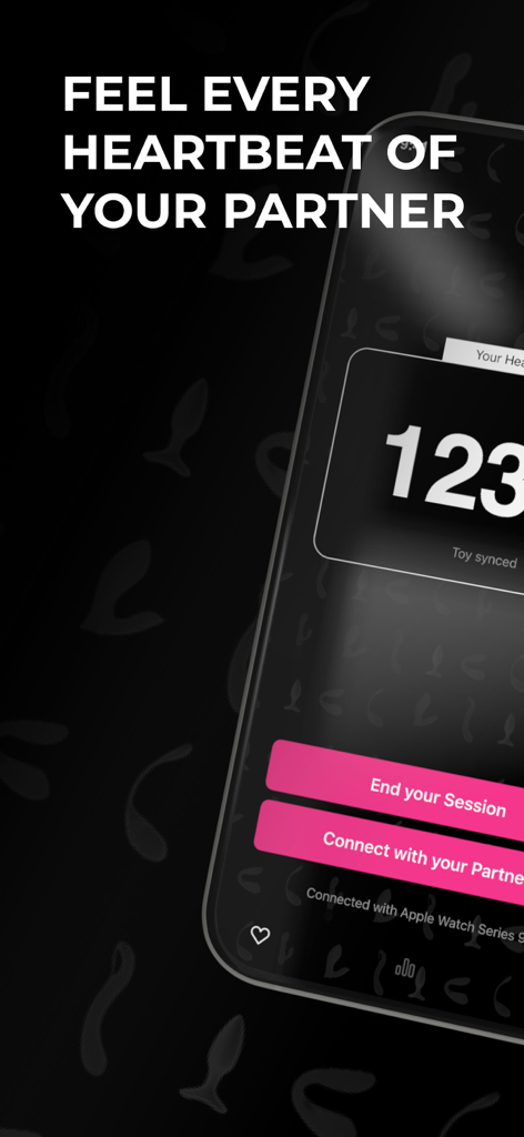 VybeSense - VybeSense app interface showing a real-time heartbeat of 123 beats per minute synced to a partner device.