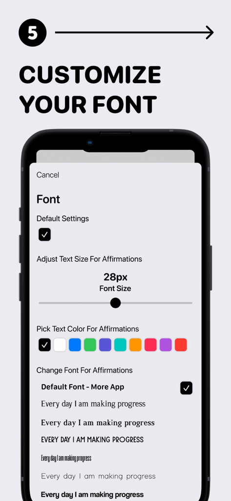 Affirmations for You - Interfaccia dell'app Affirmations for You che mostra le impostazioni di personalizzazione di dimensione, colore e stile del carattere