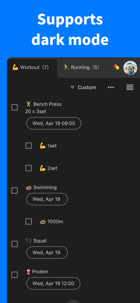 Interfaz de ToDo for Google mostrando el modo oscuro activado con una lista de tareas de entrenamiento.