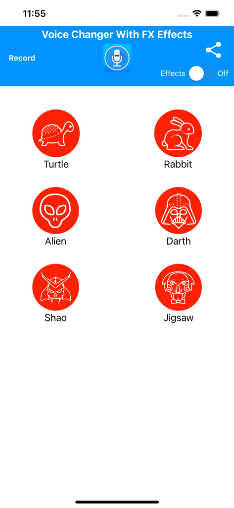 Voice Changer With FX Effects - Interface do aplicativo Gravador de Voz com Efeitos FX exibindo opções de filtro de voz como Alienígena, Darth e Tartaruga.