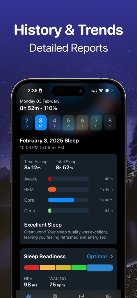 SleepMinder: Ai Sleep Tracker - SleepMinder app interface showing detailed sleep stages, sleep readiness score, and heart rate variability data on a smartphone screen.