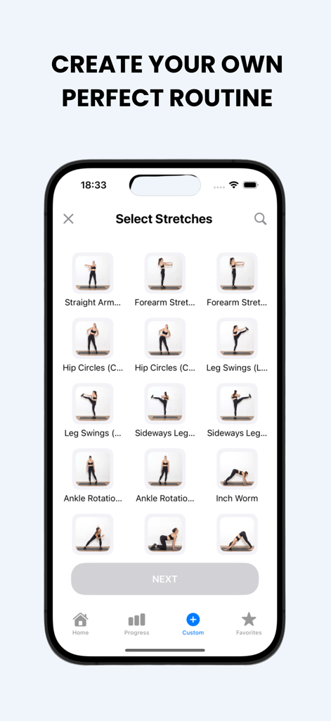 Stretchly - Stretch At Home - Tela do iPhone mostrando a biblioteca do aplicativo Stretchly para selecionar alongamentos individuais para criar uma rotina personalizada.