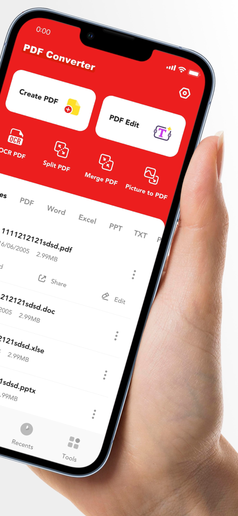 PDF Converter – Scan & Edit - Interfaccia mobile dell'app PDF Converter che mostra gli strumenti di scansione e modifica dei documenti su un iPhone