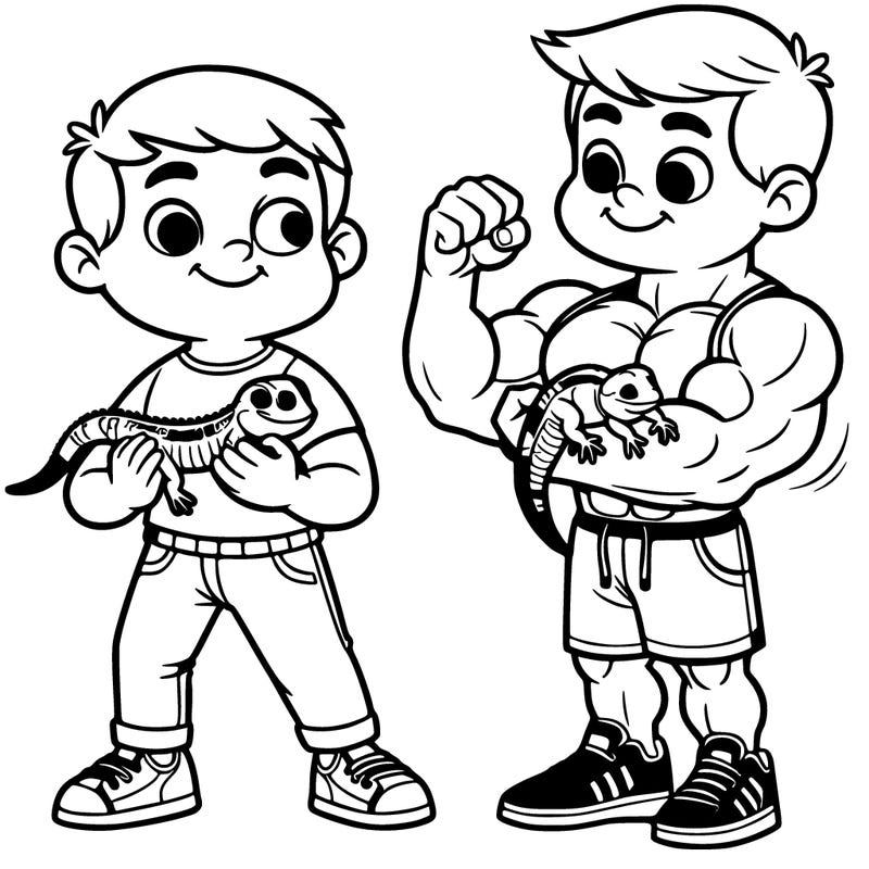 boy with big muscles holding baby lizard