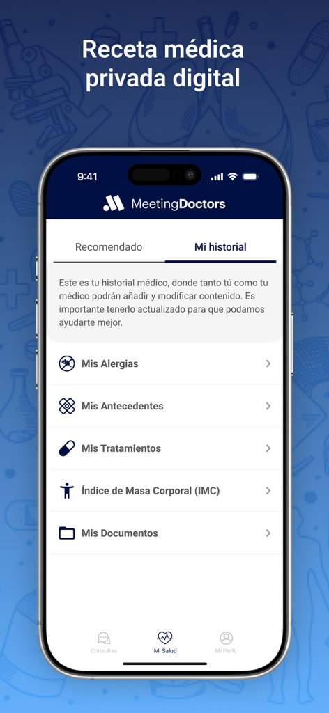 Interfaz de la aplicación móvil Meeting Doctors mostrando la sección del historial médico personal con categorías para alergias, tratamientos y documentos de salud.