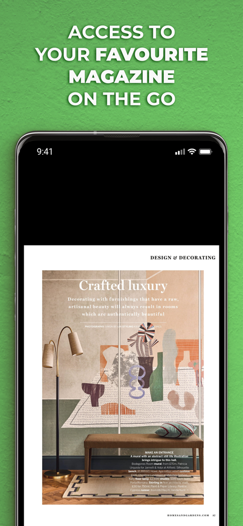 Mobile app interface for Homes and Gardens Magazine displaying an interior design article titled Crafted Luxury.