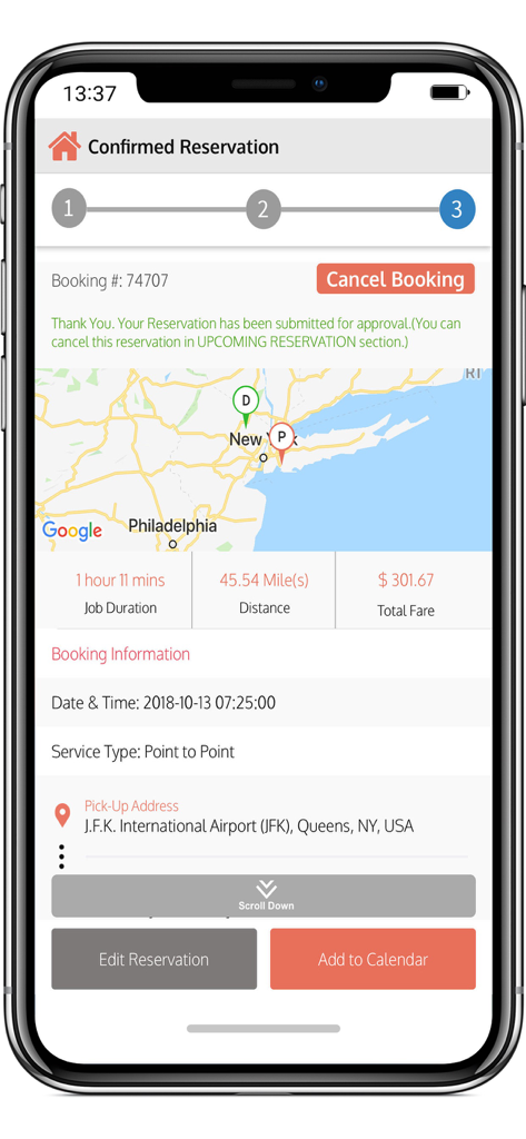 Executive Transport - Confirmed reservation screen in the Executive Transport app showing trip details and route map