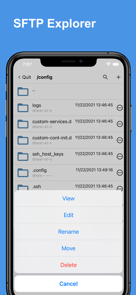 Docker Server Admin - SFTP Explorer interface in the Docker Server Admin app showing file management options