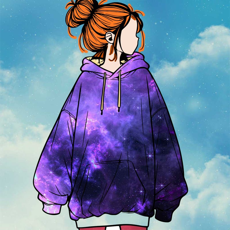 realistic girl with a oversized sweatshirt on and a bun
