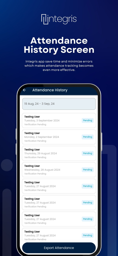 Integris: Attendance App - Captura de tela da tela de histórico de frequência do Integris exibindo uma lista de registros de frequência de funcionários com indicadores de status e um botão de exportação.