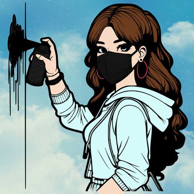 realistic girl with mask spray painting a wall