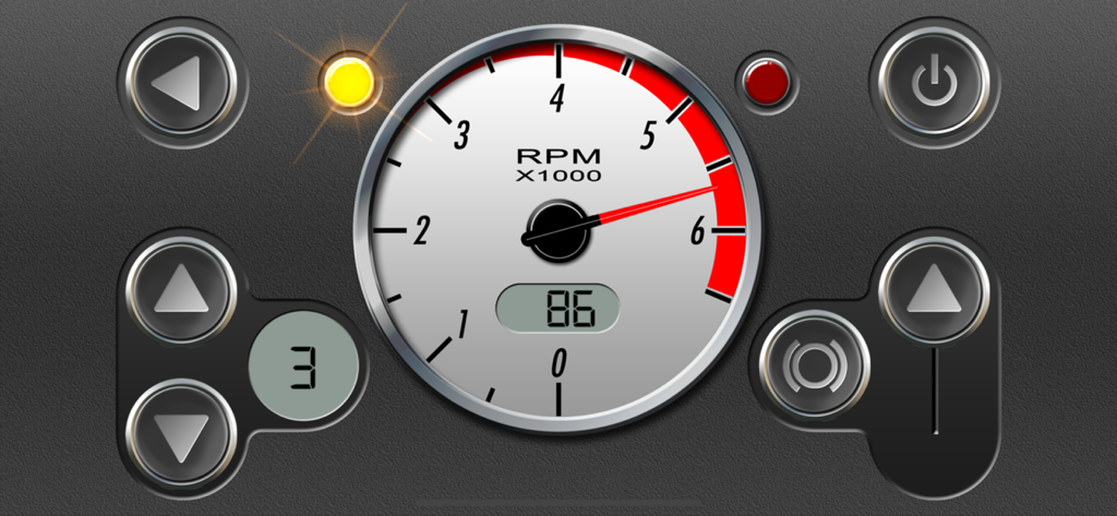 RevHeadz Engine Sounds - タコメーターゲージとギアシフトボタンを表示するRevHeadzアプリインターフェイス