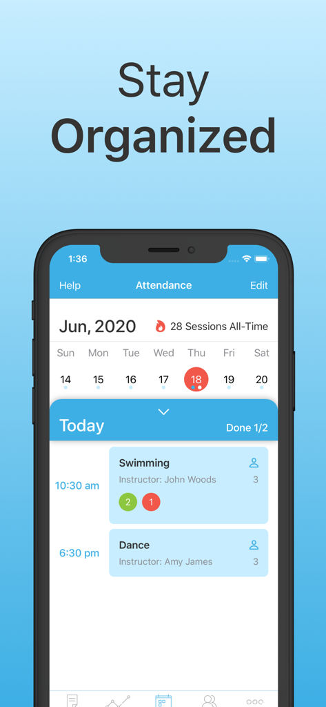 Alora Attendance Tracker app interface showing a daily schedule for swimming and dance classes