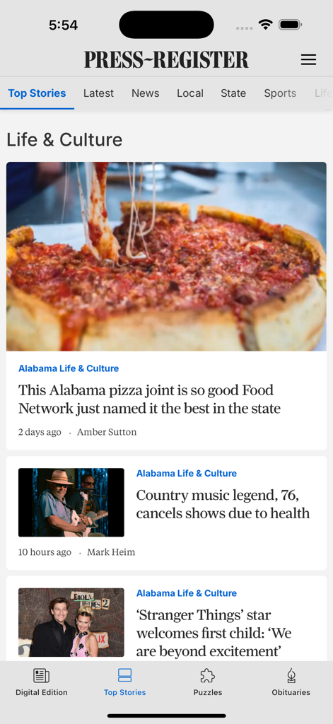The Press-Register - The Press-Register app displaying local Alabama news and culture articles