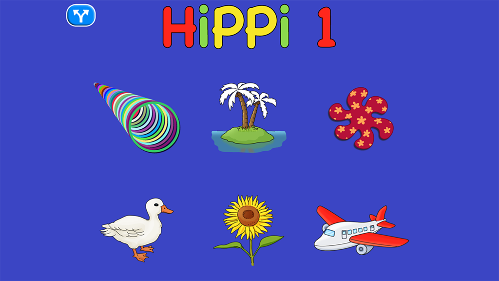 Hippi 1アプリのメインメニュー画面。ソリッドブルーの背景に6つのカラフルなアクティビティアイコンが表示されています。