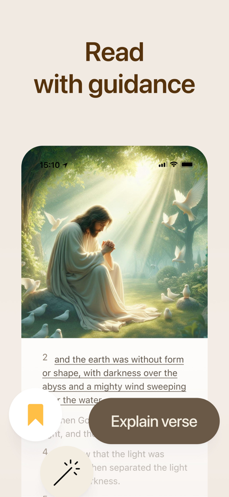 Bible Chat & Verse Widget - Bible Chat app interface showing a Bible verse with an Explain verse button and an illustration of Jesus praying