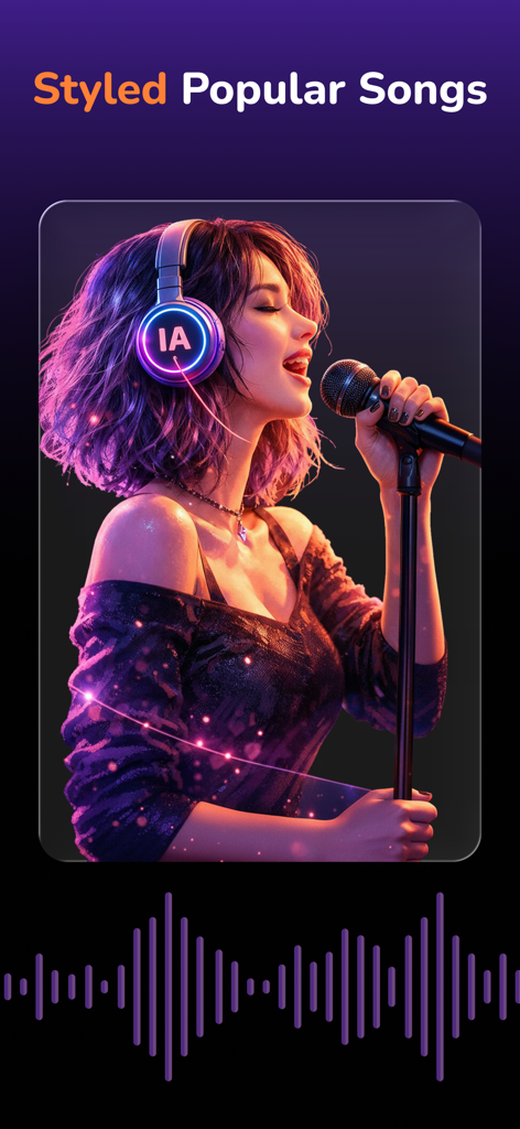 AI Song maker. Music generator - Interface do aplicativo Criador de Músicas com IA mostrando um cantor e uma forma de onda de música