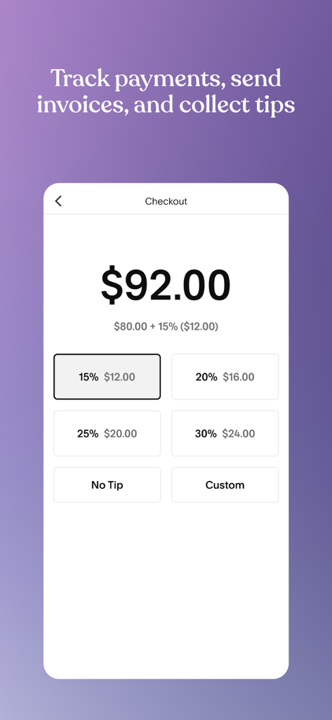 Acuity Scheduling - Checkout screen on the Acuity Scheduling app showing payment total and tip selection buttons