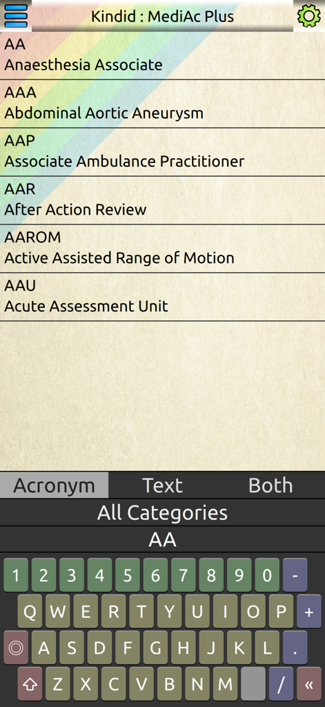 MediAc Plus - Oberfläche der MediAc Plus App mit einer Liste medizinischer Akronyme wie AAA und AAROM mit einer benutzerdefinierten Suchtastatur