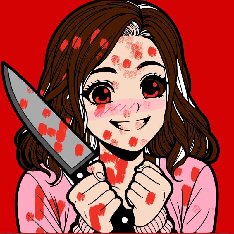 a realistic girl holding a knife and grinning