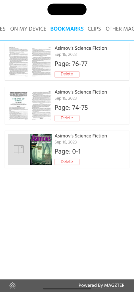 Asimov's Science Fiction - The bookmarks screen in the Asimov's Science Fiction app showing a list of saved magazine pages.