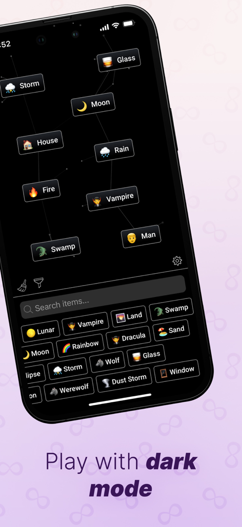 Infinite Craft by Neal - Infinite Craft 모바일 게임 화면으로 다크 모드에서 다양한 제작된 요소를 표시합니다.
