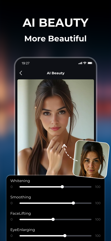 AI beauty feature in Photo Journey app with skin smoothing and facial reshaping sliders