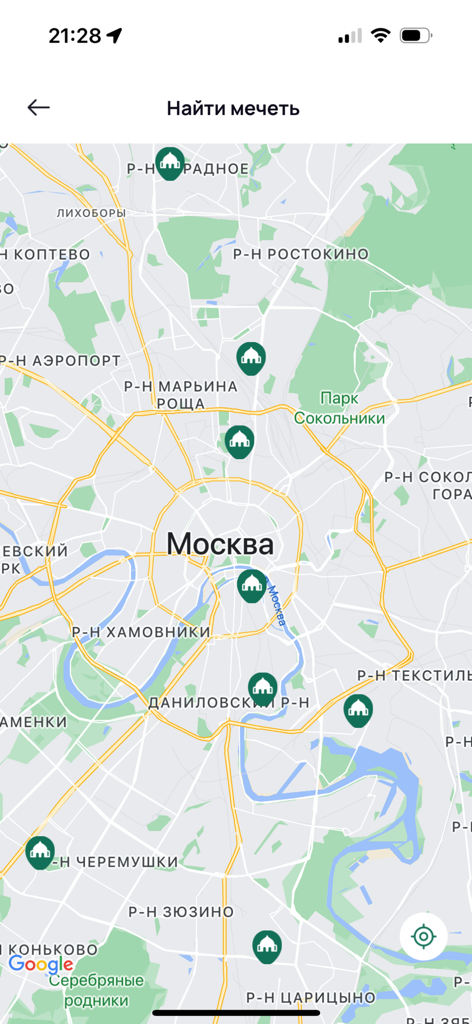 Islam.Global - Islam.Global app interface showing the mosque finder feature with green mosque icons on a map of Moscow