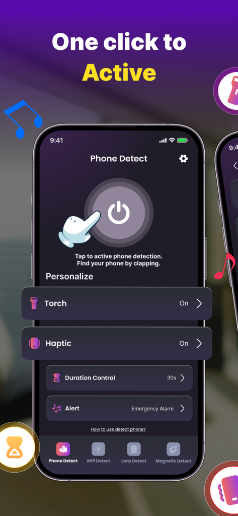 Find Phone By Clap, Flash - The main activation screen of the Find Phone By Clap app showing a power button and settings for torch and haptic alerts