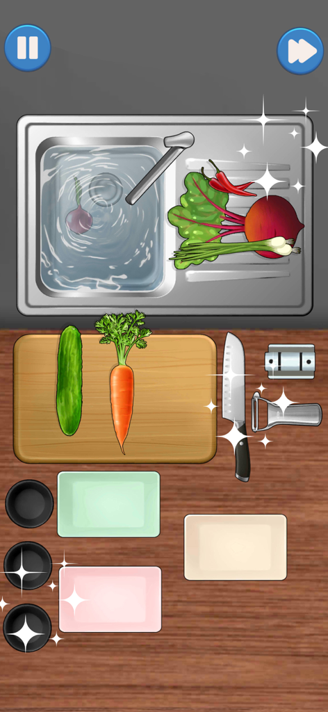 Satisoul: Perfectly Organize - 満足感のある整理ゲームで、新鮮な野菜が入った仮想のキッチンのシンクとまな板のトップダウンビュー。