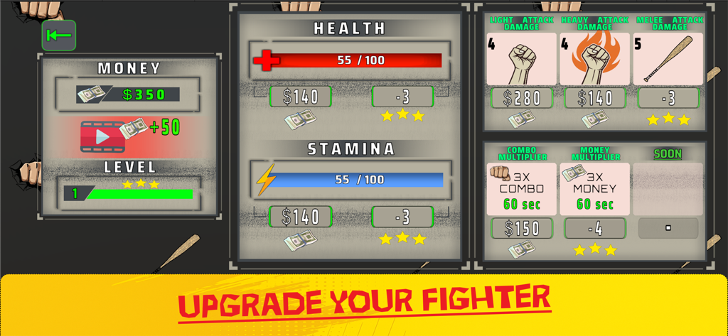 Street Knockout: 1vsGang Fight - Fighter upgrade screen in Street Knockout showing health stamina and attack power statistics