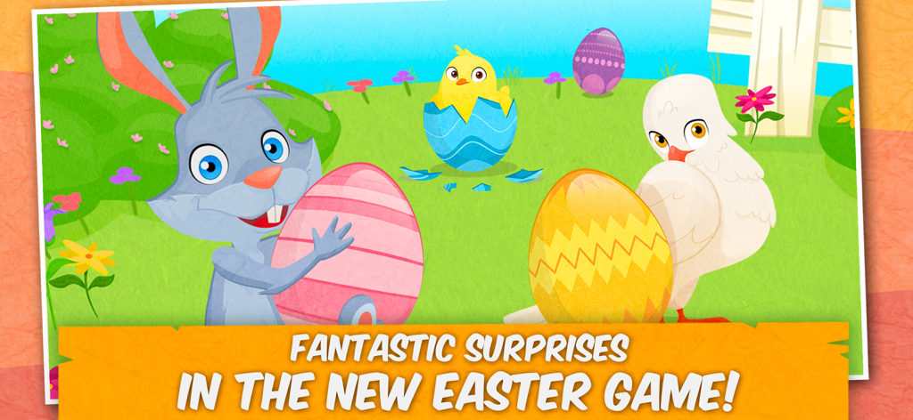 Birds: Puzzles & Games Kids 2+ - Scène de jeu de Pâques pour enfants présentant un lapin, un poussin et des œufs colorés