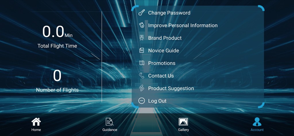 TRB FPV - TRB FPV app account dashboard displaying flight statistics and user settings menu