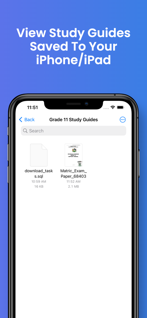 Interface of the Grade 11 Study Guides app showing downloaded exam papers and documents on an iPhone.
