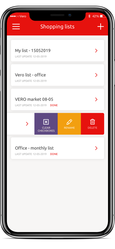 Super Vero - Mobile app screen showing multiple grocery shopping lists with options to rename or delete.