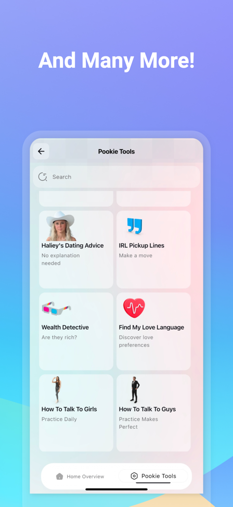 La interfaz de la aplicación Pookie Tools que muestra tarjetas de funciones para consejos de citas, frases de ligue y herramientas sociales