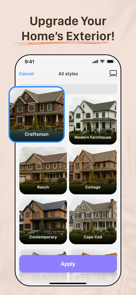 AI Remodelアプリのインターフェース。クラフツマン風やモダンファームハウスなど、家の外装リノベーションのための建築スタイルが表示されています。