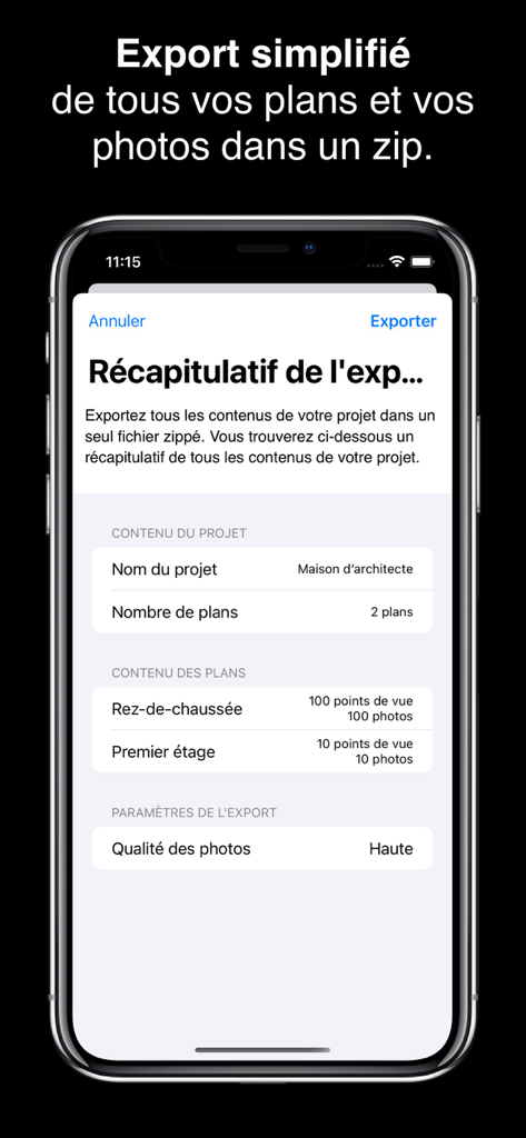 Écran de smartphone montrant un résumé du processus d'exportation d'un projet incluant des plans et des photos de haute qualité dans un seul fichier zip.