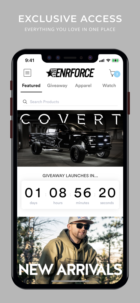ENRFORCE - ENRFORCE app home screen showing a custom truck giveaway countdown and new apparel arrivals banner.