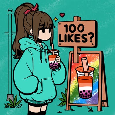 girl with oversized hoodie drinking boba and she has a high ponytail with a sign that says 10likes?