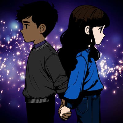 two friends back to back, holding hands, realistic