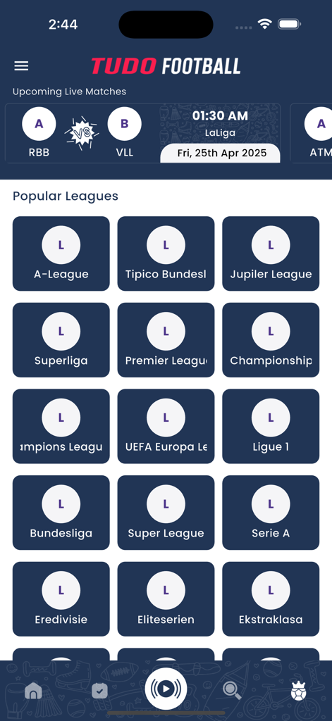 Tudo Football app dashboard showing a grid of popular soccer leagues and upcoming live match schedules