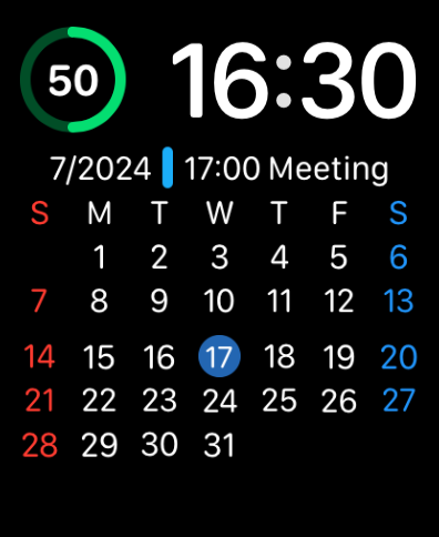 月間カレンダーグリッドと今後の会議情報を表示する Apple Watch の文字盤