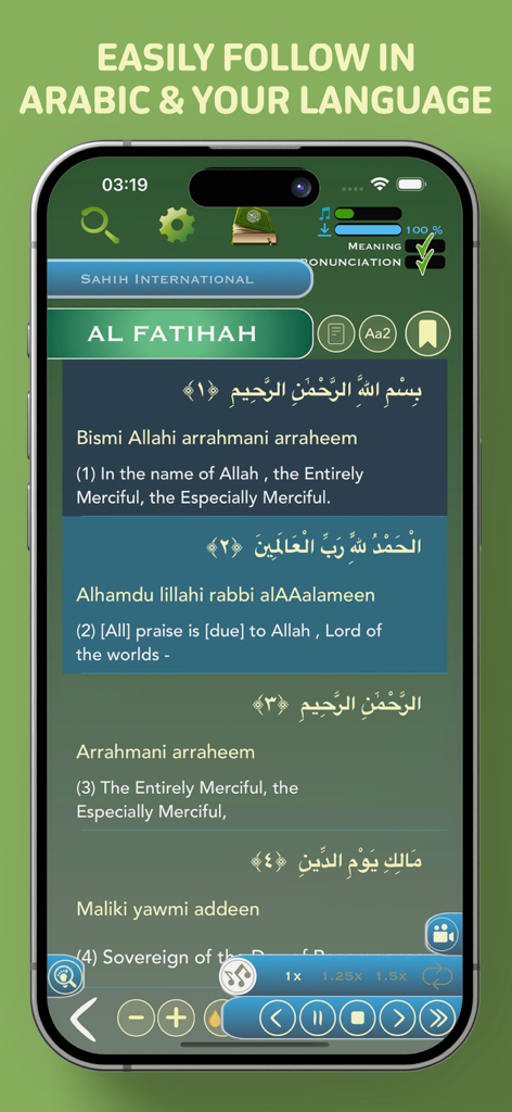 Offline Quran Audio Reader Pro - Offline Quran Audio Reader app showing Arabic text with English translation and audio controls