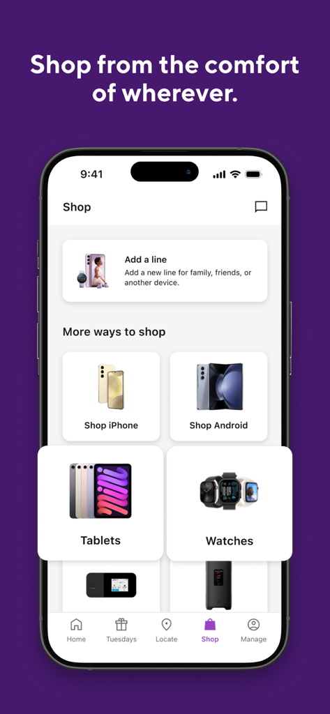 Écran boutique de l'application myMetro affichant les options pour ajouter une ligne et parcourir les iPhones, les appareils Android, les tablettes et les montres.