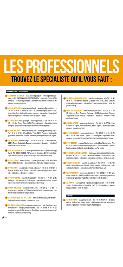 AUTOWORKS EDITION - A directory page listing Japanese car tuning and import specialists from Autoworks Edition magazine.