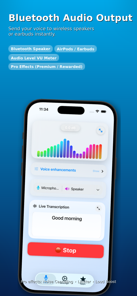 Virtual Mic + Live Audio Out - Interface of Virtual Mic app showing Bluetooth audio output, VU meter, and live transcription.